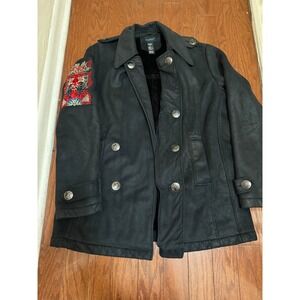 Custo Barcelona Black Faux Suede Shearling Pea Coat Embroidered Patch Womens 3